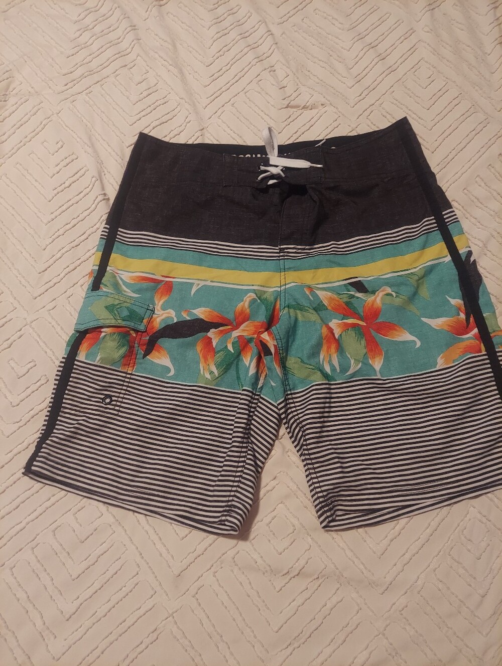 Mossimo Supply Co Mens Board Shorts Size 34 Floral Striped Swim Trunks Teal Oran